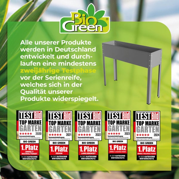 Bio Green Logo, ein Hochbeet und mehrere Auszeichnungen als Top Marke Garten für Winterschutzprodukte zwischen 2020 und 2024.