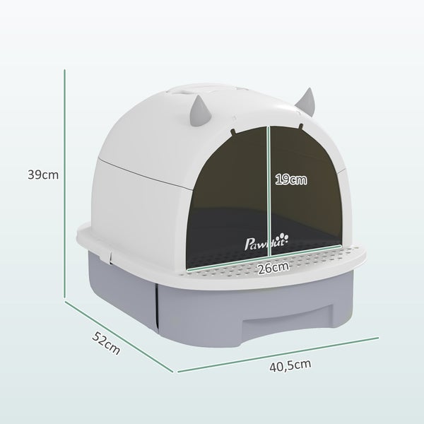 PawHut geschlossene Katzentoilette mit Maßen: Höhe 39 Zentimeter, Breite 40,5 Zentimeter, Tiefe 52 Zentimeter, Türöffnung 26 mal 19 Zentimeter.