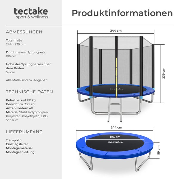 tectake Trampolin mit Netz und Leiter. Durchmesser 244 Zentimeter, Sprungnetz 196 Zentimeter, Höhe 239 Zentimeter, Belastbarkeit 80 Kilogramm.