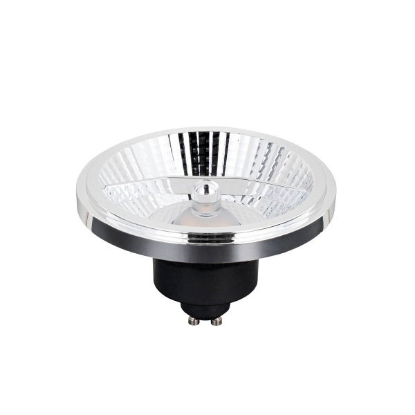 LED-Reflektorlampe mit GU10-Sockel, silberfarbenem Reflektor und schwarzem Gehäuse.