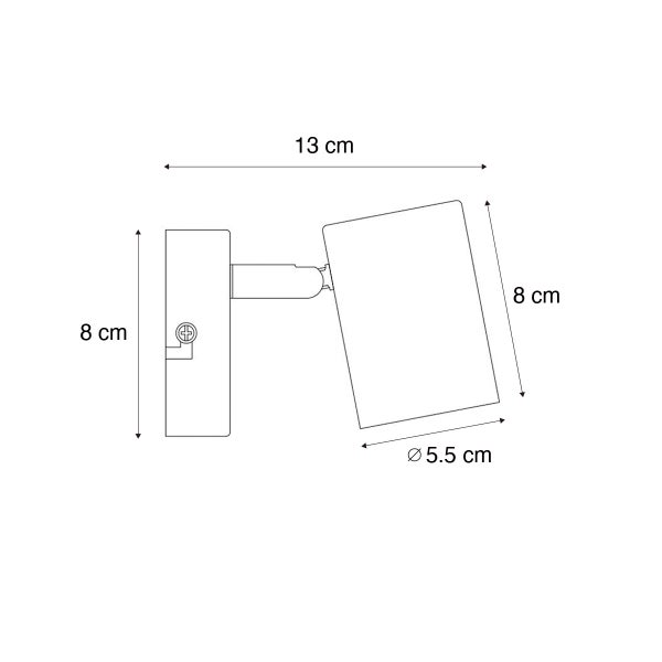 Maßzeichnung Wandstrahler: Breite 13 Zentimeter, Basis 8 Zentimeter, Lampenkopf 8 Zentimeter hoch, Durchmesser 5,5 Zentimeter.