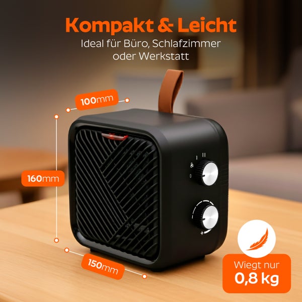 Kompakter Heizlüfter mit Tragegriff, Maße 160 mal 150 mal 100 Millimeter, Gewicht 0,8 Kilogramm, ideal für Büro und Schlafzimmer.