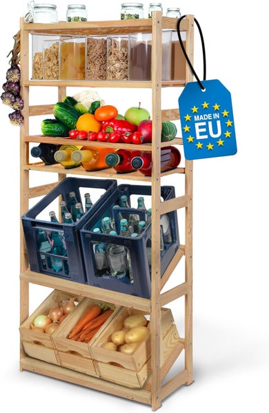 PROREGAL Getränkekistenregal SPREEWALD HxBxT 176x70x33cm 2 Ebenen für Kisten + 4 Ablagen Massives Kiefernholz Braun geölt
