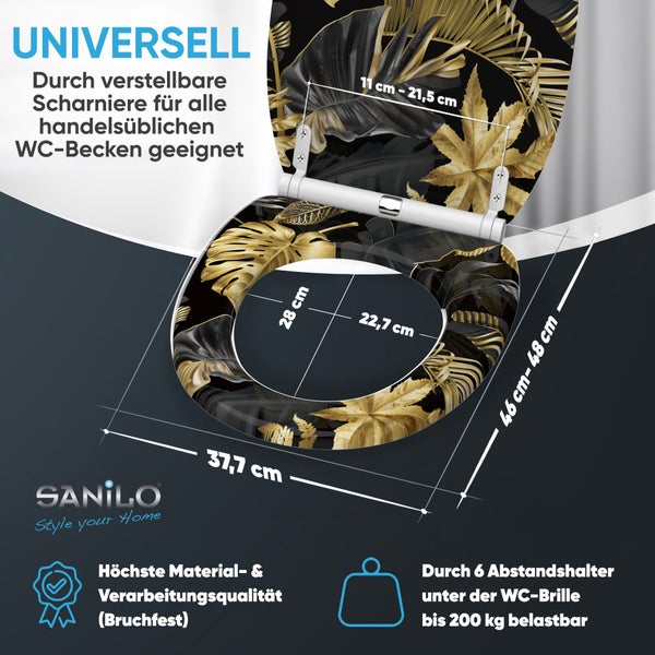 Sanilo WC Sitz mit Pflanzenmotiv und verstellbaren Scharnieren für gängige WC Becken inklusive Maßen und Belastbarkeit bis 200 Kilogramm.