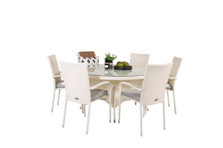 Volta Gartenset Tisch Ø150cm und 6 Stühle Anna weiß. 150 X 150 X 74 cm