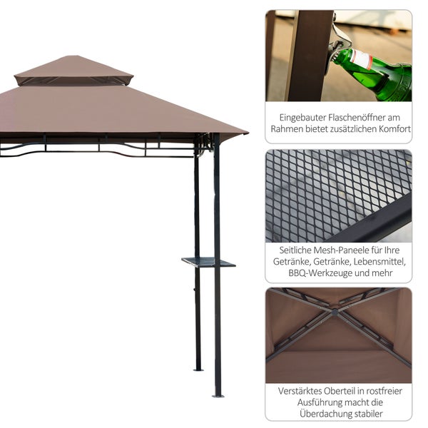 Outsunny Grillpavillon Gartenzelt Grill Pavillon Balkonpavillon mit Ablagen Flammhemmendes Doppeldach Kaffeebraun 245 x 148 x 252 cm
