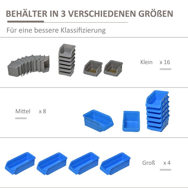 DURHAND, Wandregal mit Stapelboxen, Werkzeuglochwand, 54B x 22T x 95H cm, PP, Blau