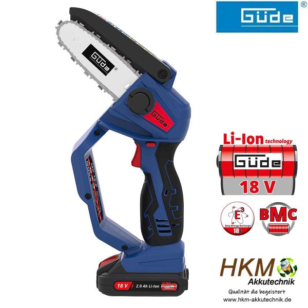 Güde Akku-Astsäge 18 Volt mit 2,0 Amperestunden Lithium-Ionen-Akku, Güde Logo, HKM Akkutechnik Logo, Easy-Energy-Exchange System.