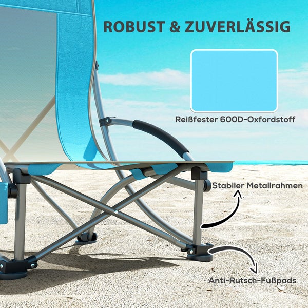 Strandstuhl mit reißfestem Oxfordstoff, stabilem Metallrahmen und rutschfesten Fußpads.