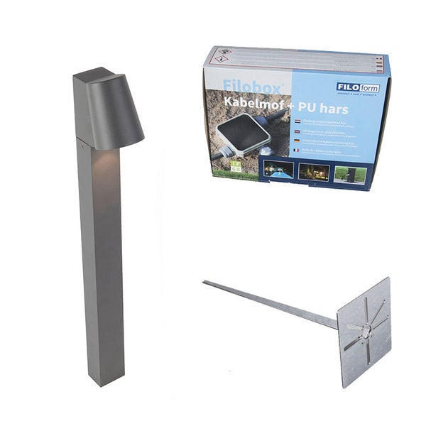 Anthrazitfarbene LED-Wegeleuchte aus Metall inklusive Erdspieß und Filobox Kabelverbindungssatz mit Gießharz.