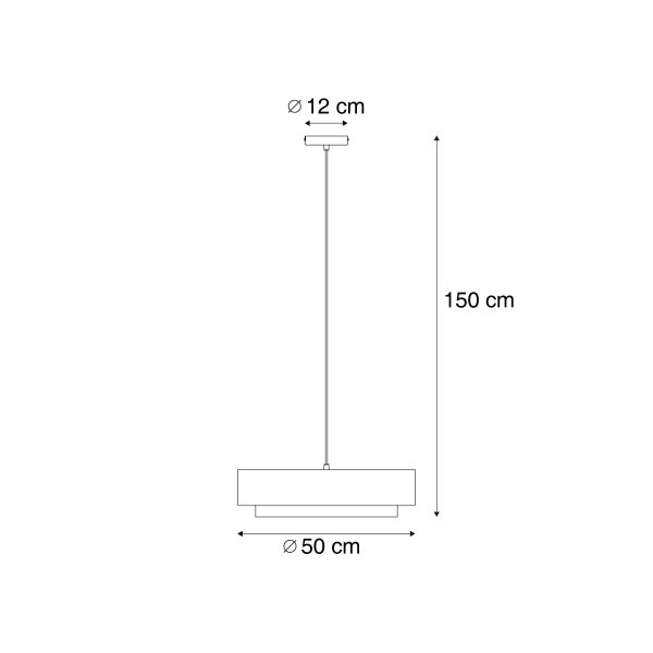 Technische Zeichnung einer Pendelleuchte mit Maßen: Durchmesser 50 Zentimeter, Gesamthöhe 150 Zentimeter und Baldachin Durchmesser 12 Zentimeter.