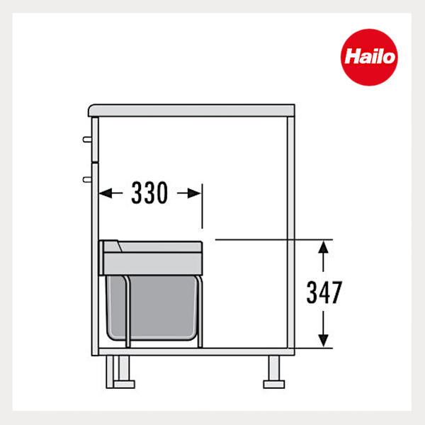 Technische Zeichnung eines Hailo Einbaumülleimers im Unterschrank mit den Maßen 330 und 347. Hailo Logo.