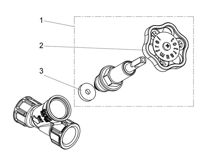Technische Zeichnung eines Ventiloberteils mit Explosionsdarstellung von Griff, Spindel und Dichtung.