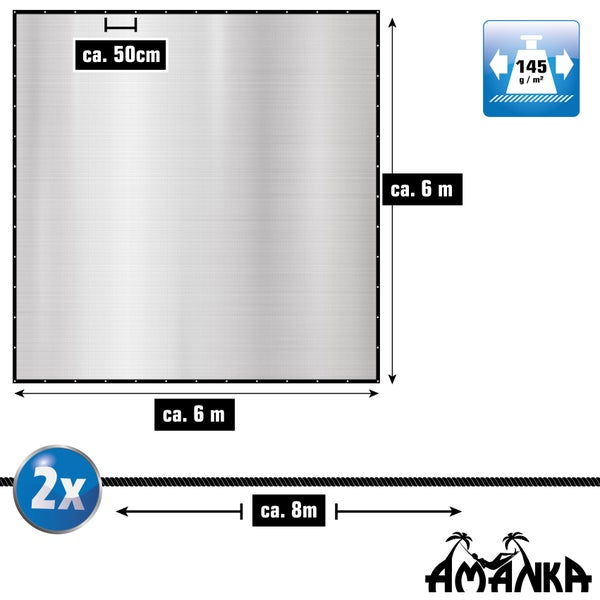 Amanka Schutzplane 6 mal 6 Meter, zwei 8 Meter Seile. 145 Gramm pro Quadratmeter, Ösenabstand circa 50 Zentimeter. Amanka Logo.