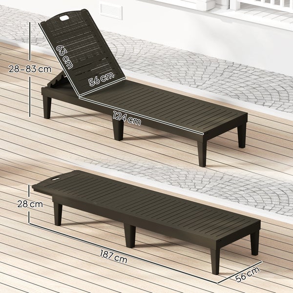 Abbildung einer verstellbaren Gartenliege mit den Massen 63 x 56 x 124 cm und 28 bis 83 x 56 x 187 cm