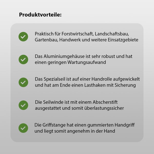 Infografik mit Produktvorteilen einer Seilwinde inklusive Aluminiumgehaeuse, Spezialseil mit Lasthaken, Abscherstift und gummiertem Handgriff.