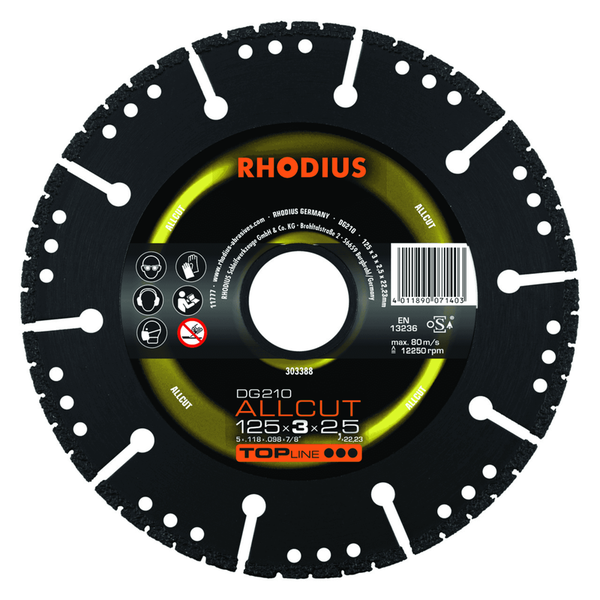 RHODIUS Diamanttrennscheibe DG210 ALLCUT, 1 Stück, 125 x 3,0 x 2,5 x 22,23 mm für Allround, TOPline