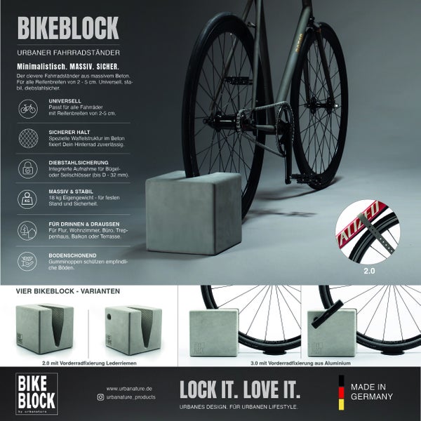 Urbaner Fahrradständer BIKEBLOCK aus massivem Beton für Reifen von 2 bis 5 Zentimeter, geeignet für innen und außen, hergestellt in Deutschland.