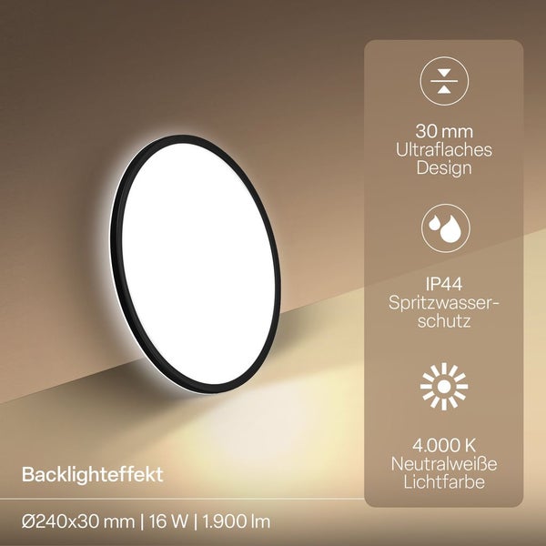 Runde LED-Deckenleuchte mit Backlight-Effekt, ultraflaches Design 30 Millimeter, IP44 Spritzwasserschutz, 16 Watt, 1900 Lumen, 4000 Kelvin.