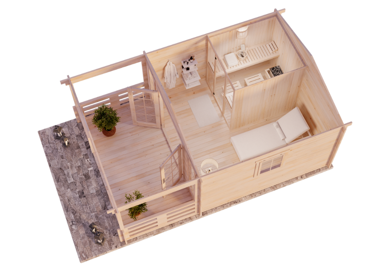 FinnTherm Saunahaus Lappland-40 A Gartensauna 3 Sitzbänke aus Holz in natur, Sauna mit 40 mm Wandstärke, Außensauna mit Montagematerial imprägniert 1,9x1,9m