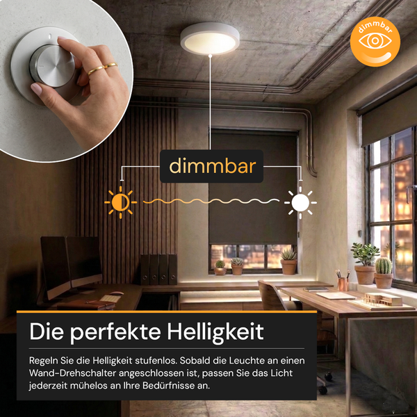 Modernes Heimbüro mit runder Deckenleuchte, die über einen Wand-Drehschalter stufenlos dimmbar ist.
