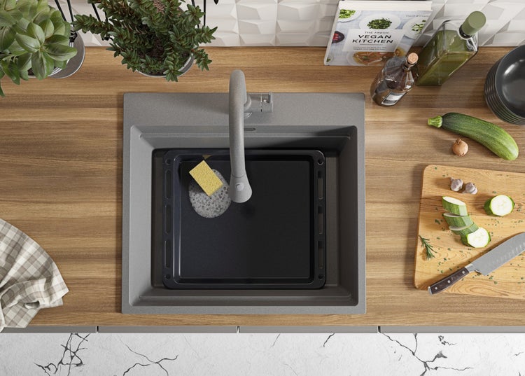 PRIMAGRAN Spülbecken Grau 58x53cm, Granitspüle 1 Becken + Ablauf-Set + Aufrollbare Abtropffläche, Küchenspüle ab 60er Unterschrank - Oslo Max