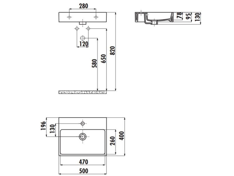 Maßzeichnung Waschbecken mit Abmessungen: Breite 500 Millimeter, Tiefe 400 Millimeter, Montagehöhe 820 Millimeter.