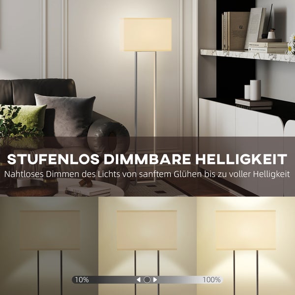 In einem Wohnzimmer zeigt ein Bild eine stufenlos dimmbare Stehlampe mit rechteckigem Lampenschirm.
