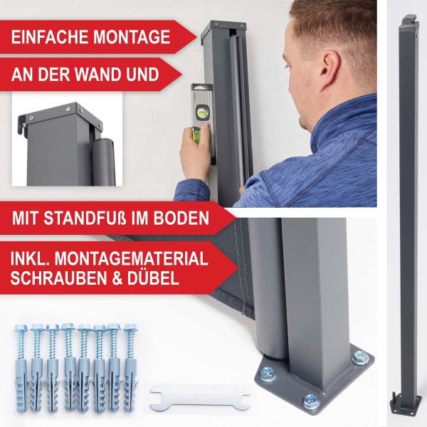Montage einer Seitenmarkise mit Wasserwaage an der Wand, Bodenmontage mit Standfuß, inklusive Schrauben, Dübeln und Werkzeug.