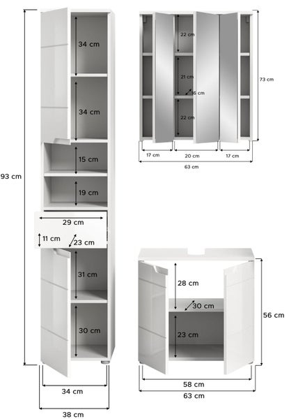 Abmessungen von Badezimmermöbeln in Zentimeter: Hochschrank 193 Zentimeter, Spiegelschrank 73 Zentimeter, Waschbeckenunterschrank 56 Zentimeter hoch.
