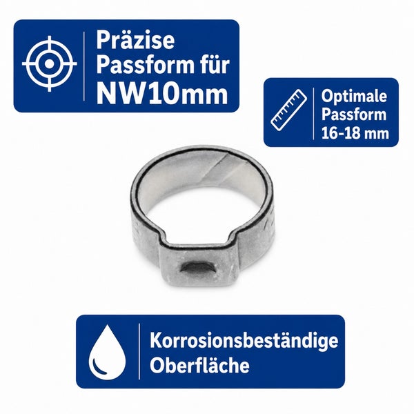Ohrklemme für Nennweite 10 Millimeter mit einem Spannbereich von 16 bis 18 Millimeter und korrosionsbeständiger Oberfläche