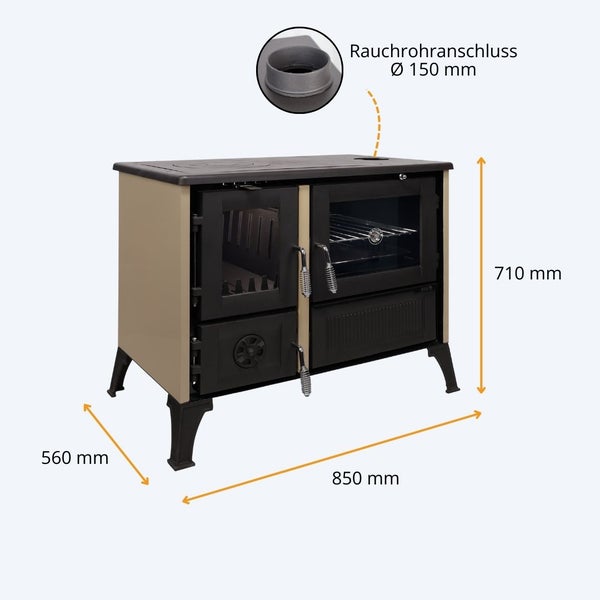 Küchenherd mit Backofen, Breite 850 Millimeter, Tiefe 560 Millimeter, Höhe 710 Millimeter, Rauchrohranschluss Durchmesser 150 Millimeter.
