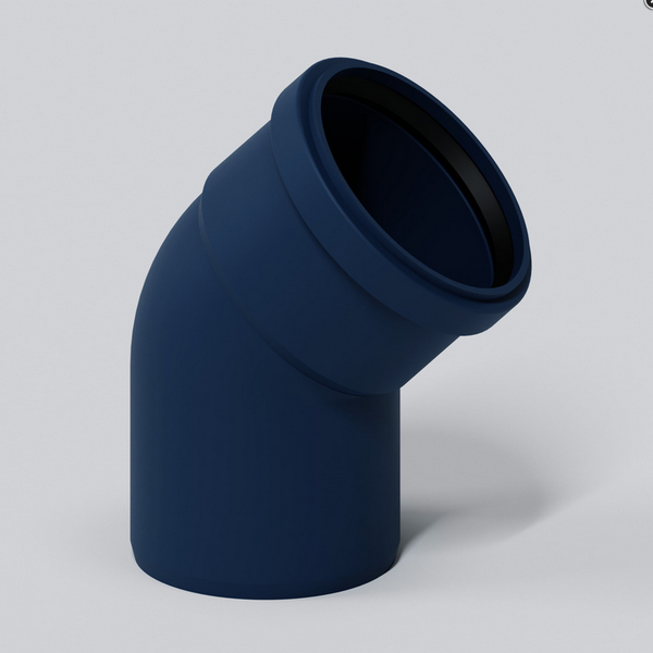 Blaues Rohrknie 45 Grad aus Kunststoff mit Gummidichtung für Abwassersysteme.
