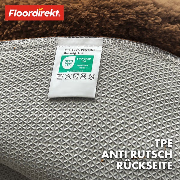 Rückseite eines Teppichs mit Antirutschbeschichtung und Öko-Tex Standard 100 Zertifikat