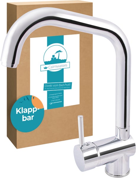 Calmwaters® Klappbare Vorfensterarmatur Honest Extra, Wasserhahn Küche, Spültischarmatur für Unterfenstermontage, drehbar & abnehmbar, Einhebelmischer, Keramikkartusche, Messing, Chrom, 12PZ5070