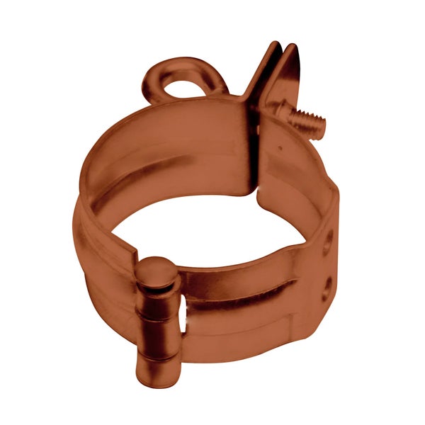 Rohrschelle aus Kupfer mit Gelenk und Ringschraube zur Befestigung von Fallrohren.