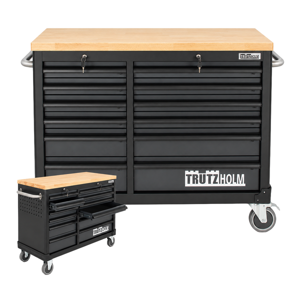 Trutzholm Werkstattwagen mit Holz-Arbeitsplatte, Schubladen und Rollen.