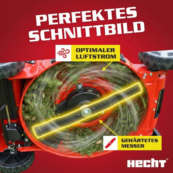 Detailaufnahme eines Rasenmähers mit Fokus auf das rotierende Messer für einen perfekten Schnitt und optimalen Luftstrom. Hecht Logo.