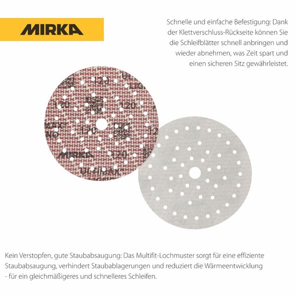 Mirka Logo und zwei runde Schleifscheiben mit Multifit Lochmuster zur effizienten Staubabsaugung und Klettverschluss Rückseite.