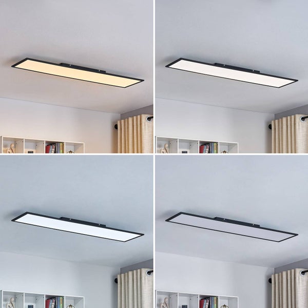 Rechteckiges LED-Deckenpanel mit schwarzem Rahmen, dargestellt in vier verschiedenen Lichttemperaturen und Helligkeitsstufen.