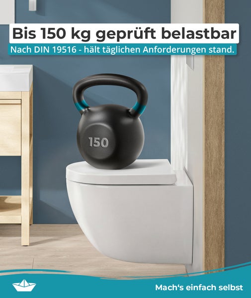 Wandhänge WC mit einer geprüften Belastbarkeit von 150 Kilogramm gemäß DIN 19516 in einem modernen Badezimmerambiente.