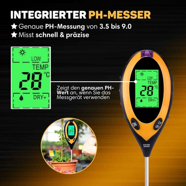 Vulpes Goods Bodenfeuchtigkeitsmessgerät - Für Pflanzen - Thermo- und Feuchtigkeitsmesser - Innen und Außen - pH Licht