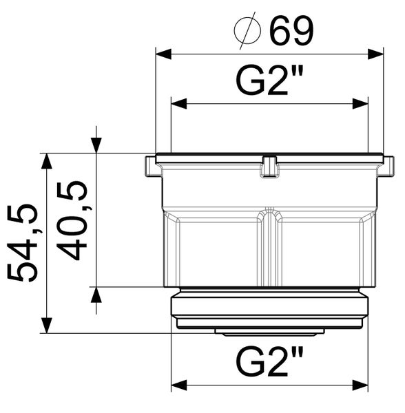 Maßzeichnung eines Bauteils mit G 2 Zoll Gewinde, Durchmesser 69 Millimeter und Höhen 54,5 sowie 40,5 Millimeter.