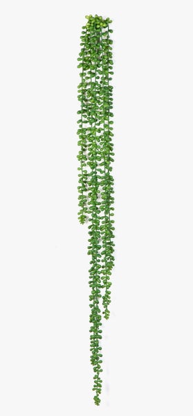 Künstliche Hängepflanze Erbsenpflanze Senecio herreianus aus grünem Kunststoff.