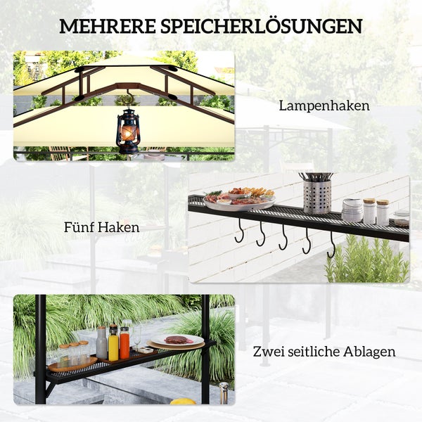 Pavillon mit Aufbewahrungslösungen: Lampenhaken, Regal mit fünf Haken und zwei seitlichen Ablagen für Grillutensilien.
