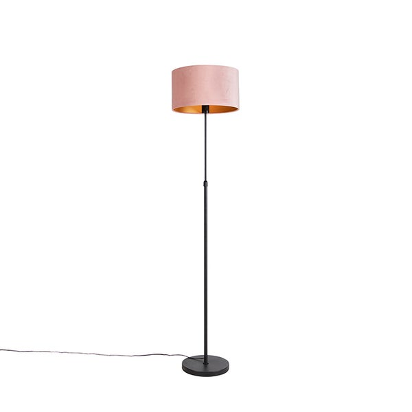 QAZQA - Landhaus I Vintage I Rustikal Stehleuchte I Stehlampe I Standleuchte I Lampe I Leuchte schwarz mit Veloursschirm rosé mit Gold I Messing 35 cm - Parte I Wohnzimmer I Schlafzimmer - Stahl Zylin