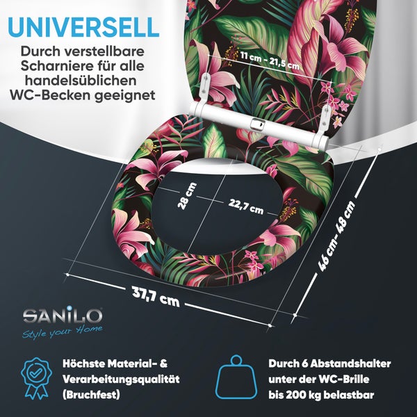 Sanilo WC-Sitz mit tropischem Blumenmuster und verstellbaren Scharnieren, inklusive Maßangaben, bruchfest und belastbar bis 200 Kilogramm.