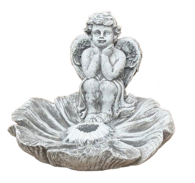 Gartenfigur Engel in Blumenschale aus Stein für den Außenbereich