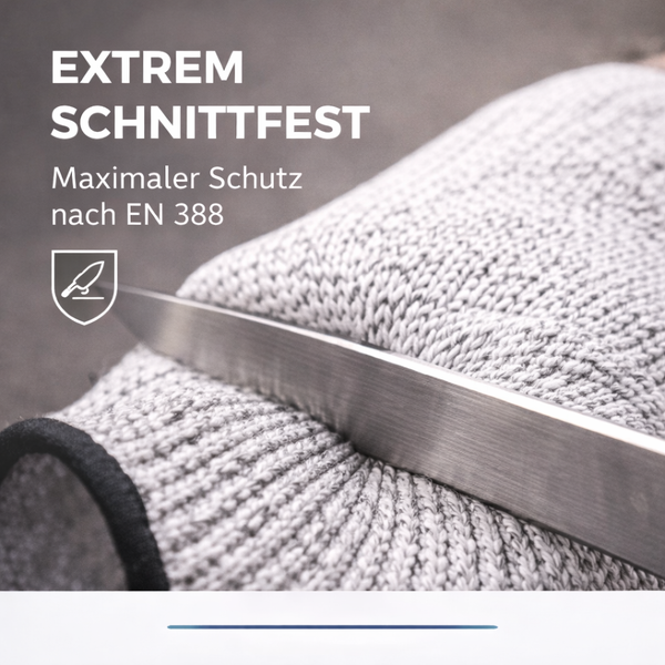 Schnittschutzhandschuh mit hoher Schnittfestigkeit nach EN 388, ein Messer wird gegen das graue Gewebe gedrückt.