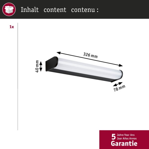 Wandleuchte mit den Maßen 326 Millimeter Länge, 40 Millimeter Höhe und 78 Millimeter Tiefe inklusive 5 Jahre Garantie.